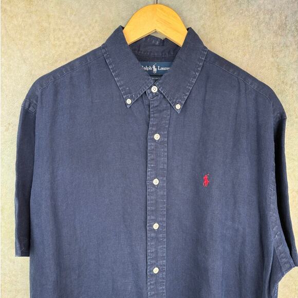 VTG 90s Polo Ralph Lauren 100% Linen Shirt Mens Sz L Navy Blue Blake Shirt - Picture 2 of 7
